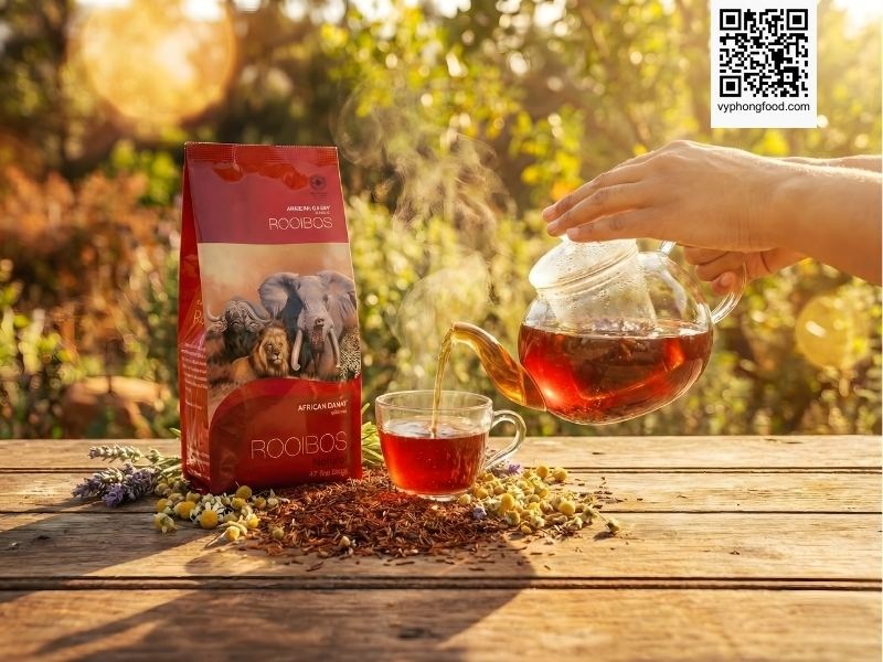 Gói Hồng trà Rooibos Nam Phi African Dawn trên nền đồi núi Cederberg, minh họa cho công dụng của trà thảo mộc trong việc hỗ trợ giảm cân và detox cơ thể.