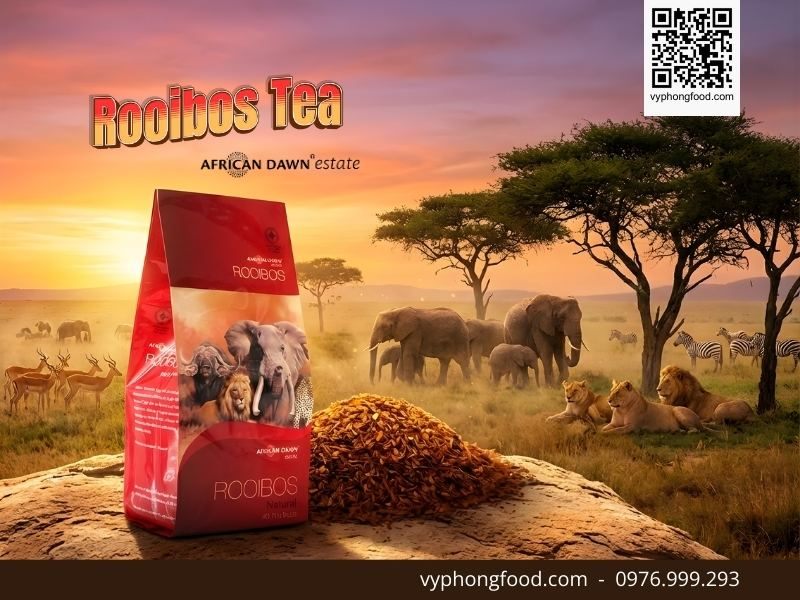 Gói Hồng trà Rooibos Nam Phi African Dawn trên nền đồi núi Cederberg, minh họa cho công dụng của trà thảo mộc trong việc hỗ trợ giảm cân và detox cơ thể.