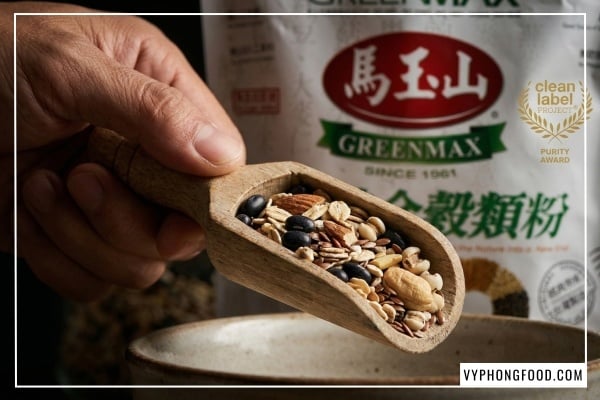 Hình ảnh gói bột ngũ cốc dinh dưỡng giảm cân Greenmax Đài Loan với tem chứng nhận Clean Label và các loại hạt ngũ cốc tự nhiên, nhập khẩu chính ngạch bởi VyPhongFood.