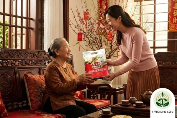 Hình ảnh hộp quà Tết sang trọng chứa bột ngũ cốc dinh dưỡng Greenmax, món quà sức khỏe ý nghĩa và tiện lợi dịp khai xuân cho cả gia đình.