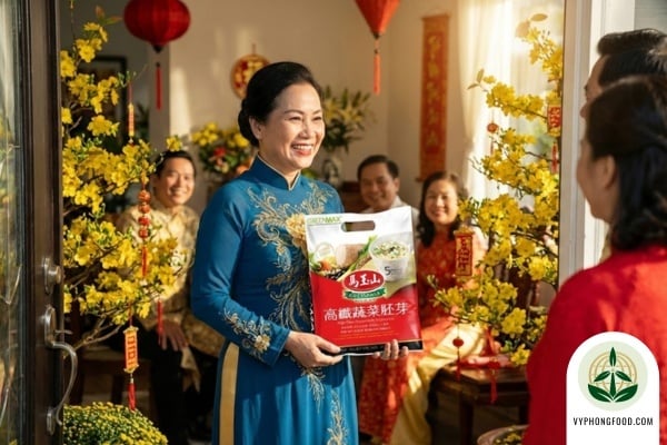 Hình ảnh hộp quà Tết sang trọng chứa bột ngũ cốc dinh dưỡng Greenmax, món quà sức khỏe ý nghĩa và tiện lợi dịp khai xuân cho cả gia đình.