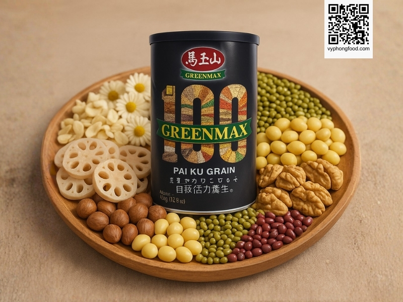 A premium multigrain cereal nutrition image featuring the Greenmax Pai Ku Grain 450g powder from Taiwan, highlighting its 100-grain formula, health benefits, and daily usage guide.