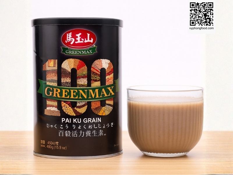 A premium multigrain cereal nutrition image featuring the Greenmax Pai Ku Grain 450g powder from Taiwan, highlighting its 100-grain formula, health benefits, and daily usage guide.