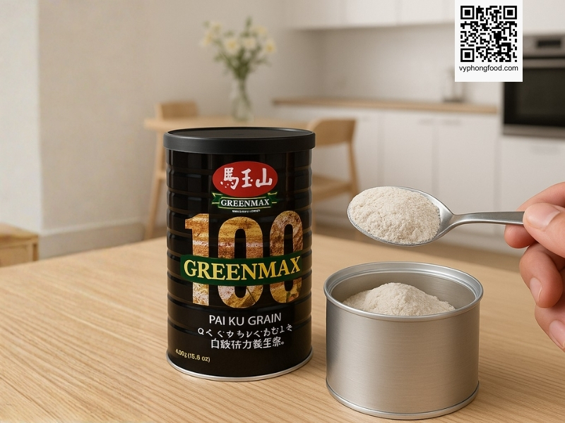 A premium multigrain cereal nutrition image featuring the Greenmax Pai Ku Grain 450g powder from Taiwan, highlighting its 100-grain formula, health benefits, and daily usage guide.