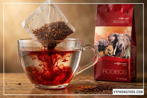 Trà rooibos có tác dụng gì cho tim mạch: Ly hồng trà Nam Phi chính hãng African Dawn giúp ổn định huyết áp và giảm cholesterol xấu.