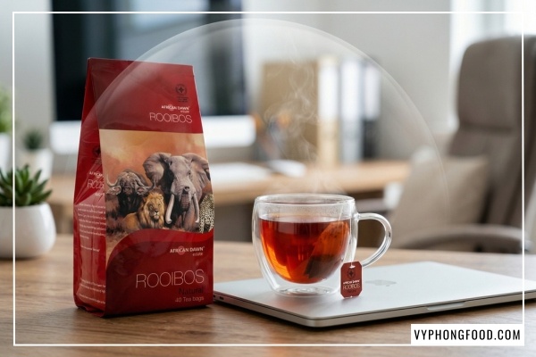 Trà rooibos có tác dụng gì cho tim mạch: Ly hồng trà Nam Phi chính hãng African Dawn giúp ổn định huyết áp và giảm cholesterol xấu.