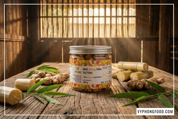 Hình ảnh mứt gừng viên QNA Farm thơm ngon, vị thuốc tự nhiên giúp hỗ trợ tiêu hóa và ngăn ngừa cảm lạnh hiệu quả.