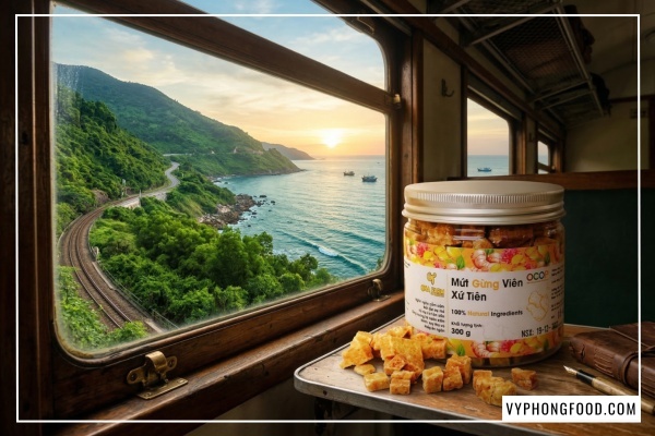 Hình ảnh mứt gừng viên QNA Farm thơm ngon, vị thuốc tự nhiên giúp hỗ trợ tiêu hóa và ngăn ngừa cảm lạnh hiệu quả.