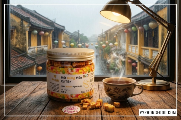 Hình ảnh mứt gừng viên QNA Farm thơm ngon, vị thuốc tự nhiên giúp hỗ trợ tiêu hóa và ngăn ngừa cảm lạnh hiệu quả.