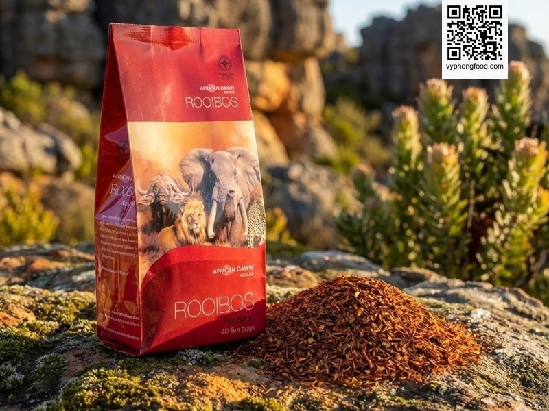 Hộp hồng trà Rooibos Nam Phi African Dawn dạng túi lọc trên nền núi đá Cederberg, Nam Phi - Trà thảo mộc giảm cân và giúp ngủ ngon tự nhiên.