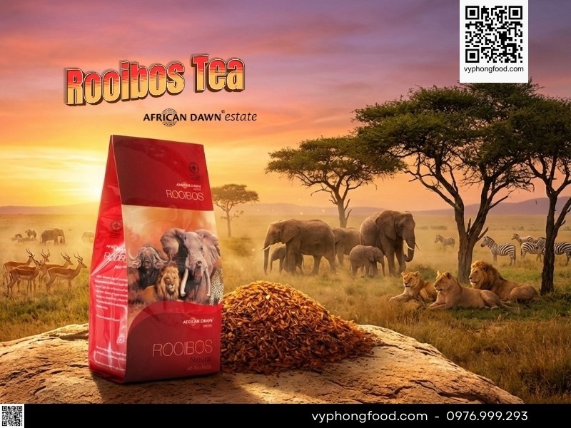 Hộp hồng trà Rooibos Nam Phi African Dawn dạng túi lọc trên nền núi đá Cederberg, Nam Phi - Trà thảo mộc giảm cân và giúp ngủ ngon tự nhiên.