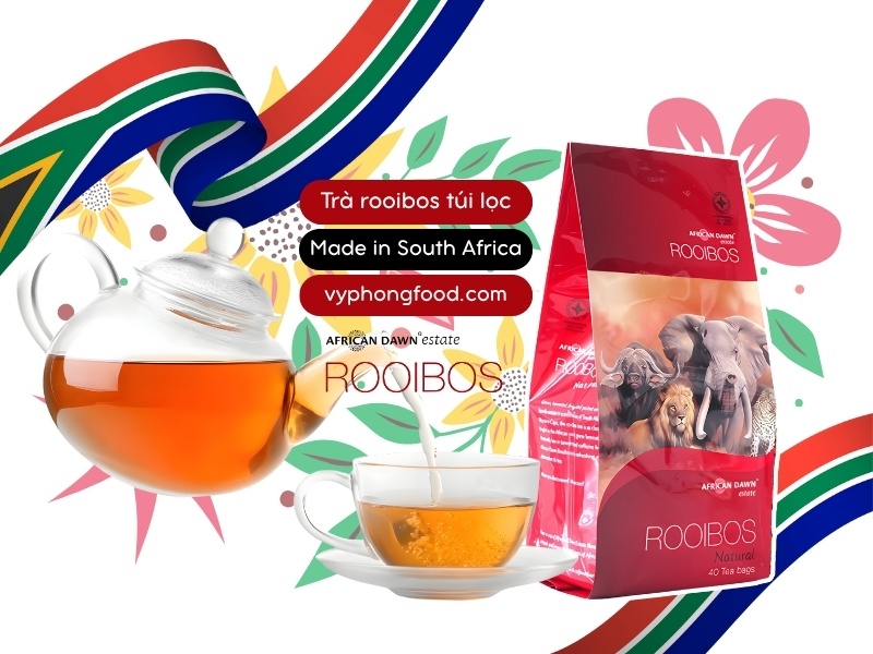 A warm cup of South African rooibos tea styled with heritage‑inspired elements, highlighting caffeine‑free, antioxidant benefits and African Dawn teabags for modern wellness and better sleep.