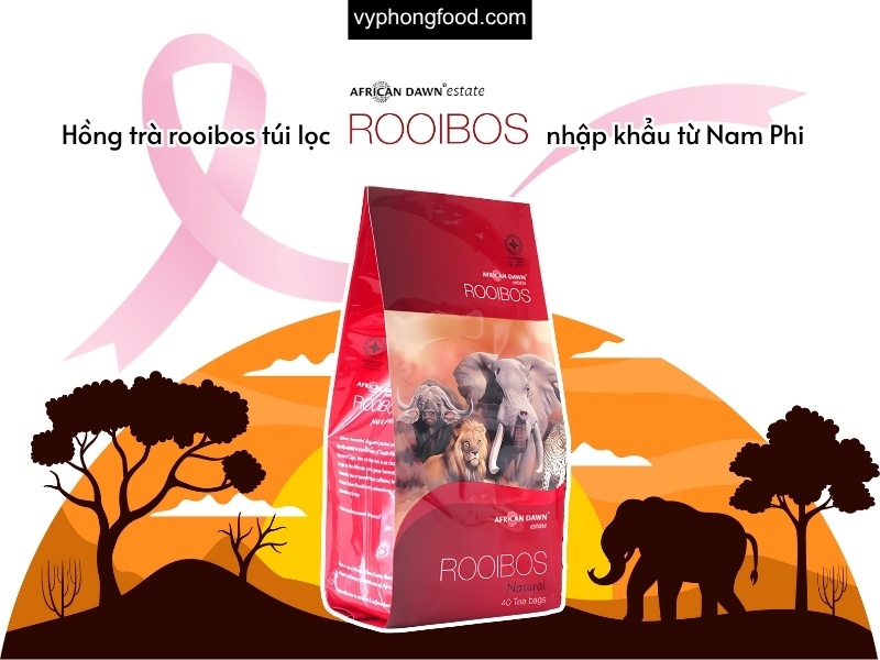 Cup of South African Rooibos Tea with reddish-brown leaves, illustrating preliminary in vitro research related to estrogen-sensitive breast cancer; a caffeine-free, antioxidant-rich herbal tea with honey–caramel tasting notes, plus brewing tips and safe daily use guidance.