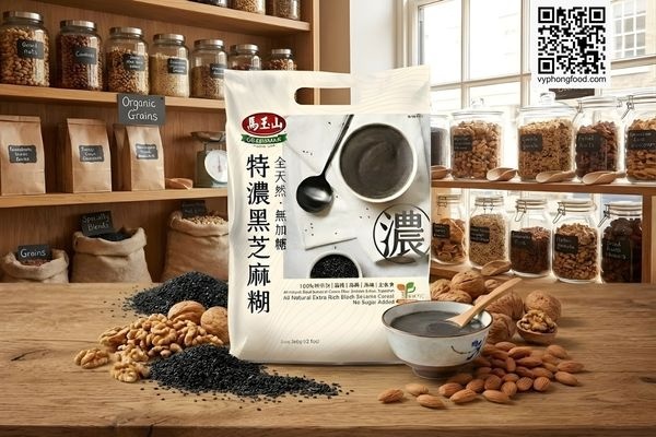 Túi Bột ngũ cốc dinh dưỡng mè đen Greenmax Đài Loan đặt trước kho nguyên liệu mè đen, hạt óc chó và hạnh nhân tự nhiên. Sản phẩm ngũ cốc dinh dưỡng không đường, giàu Omega-3 tốt cho người ăn chay và ăn kiêng.