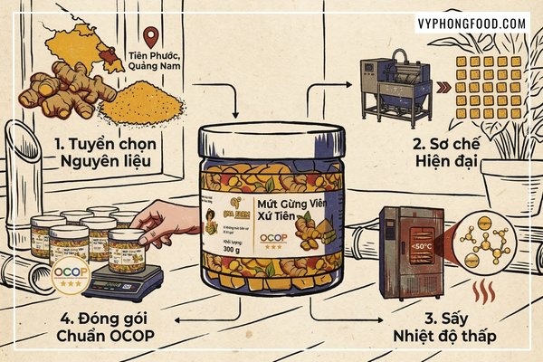 Quy Trình Chế Biến Mứt Gừng Viên QNA Farm Đạt Chuẩn Quốc Tế ISO 22000:2018