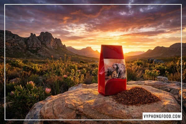 Hình ảnh minh họa so sánh chi tiết giữa hồng trà Rooibos Nam Phi (không caffeine, ít tannin) và trà xanh, trà đen truyền thống.