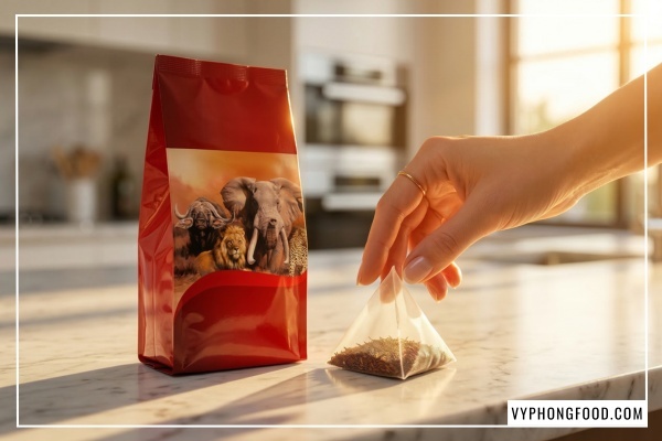 Hình ảnh minh họa so sánh chi tiết giữa hồng trà Rooibos Nam Phi (không caffeine, ít tannin) và trà xanh, trà đen truyền thống.