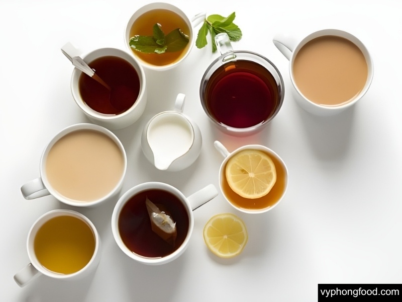 Assorted cups of South African Rooibos tea—some black, some with milk, hot and iced—showcasing a caffeine-free, antioxidant-rich herbal drink loved around the world for wellness and immune support.