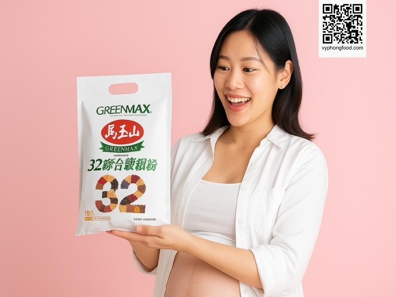 young vietnamese pregnant woman in her first trimester sitting indoors and reading online articles about whether it is safe to drink greenmax multigrain cereal as a healthy prenatal nutritional cereal powder, supporting product introduction and brand awareness for greenmax from vyphongfood.com.