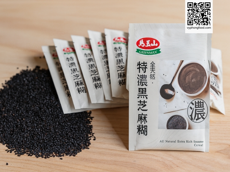 Sugar free black sesame cereal Greenmax Taiwan in sachets served in a cup as a convenient healthy no sugar added multigrain breakfast for modern adults