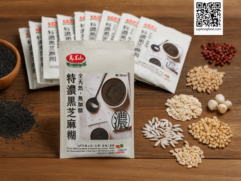 Sugar free black sesame cereal Greenmax Taiwan in sachets served in a cup as a convenient healthy no sugar added multigrain breakfast for modern adults