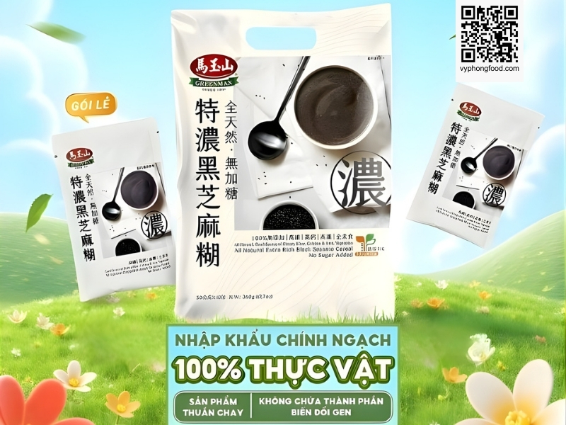 Sugar free black sesame cereal Greenmax Taiwan in sachets served in a cup as a convenient healthy no sugar added multigrain breakfast for modern adults