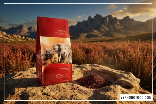 Hộp hồng trà Rooibos Nam Phi thương hiệu African Dawn dạng túi lọc từ vùng Cederberg nhập khẩu chính ngạch bởi VyPhongFood.