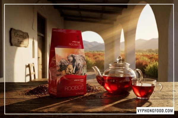 Hộp hồng trà Rooibos Nam Phi thương hiệu African Dawn dạng túi lọc từ vùng Cederberg nhập khẩu chính ngạch bởi VyPhongFood.