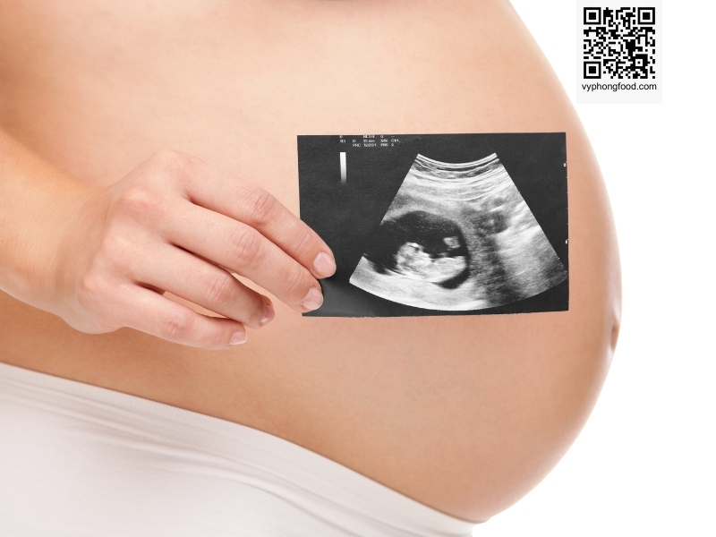 Pregnant woman at a desk reading information about nutritional cereal for pregnant women, considering Greenmax products from vyphongfood.com.