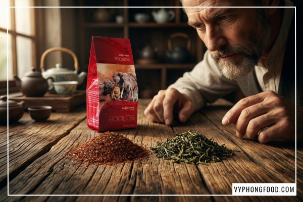 Hình ảnh so sánh một tách hồng trà rooibos Nam Phi màu đỏ đặc trưng và trà xanh truyền thống, minh họa giải pháp trà cho người nhạy cảm caffeine và bí quyết uống trà không mất ngủ.