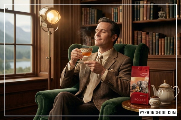 Hình ảnh so sánh một tách hồng trà rooibos Nam Phi màu đỏ đặc trưng và trà xanh truyền thống, minh họa giải pháp trà cho người nhạy cảm caffeine và bí quyết uống trà không mất ngủ.