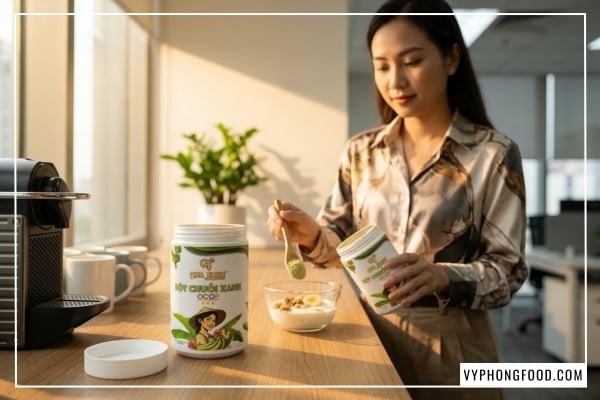 Bột chuối xanh hữu cơ QNA Farm nguyên chất sấy lạnh giúp giảm cân tự nhiên và đánh bay eo bánh mì cho dân văn phòng.