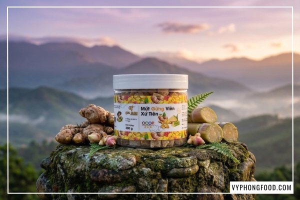Hình ảnh hũ mứt gừng viên xứ Tiên QNA Farm 300g đặc sản Quảng Nam sang trọng làm quà tặng sức khỏe.