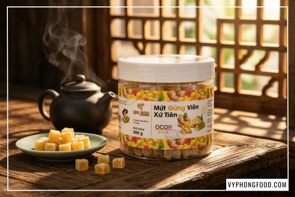 Hình ảnh hũ mứt gừng viên xứ Tiên QNA Farm 300g đặc sản Quảng Nam sang trọng làm quà tặng sức khỏe.