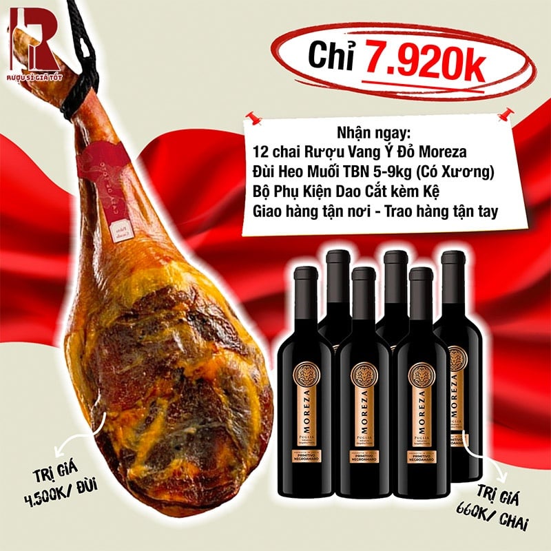 Khuyến mãi mua rượu vang Ý đỏ Moreza tặng đùi heo muối Tây Ban Nha