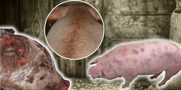 Dấu hiệu da mẩn đỏ sần sùi và bong tróc đặc trưng của bệnh viêm da kích ứng trên heo