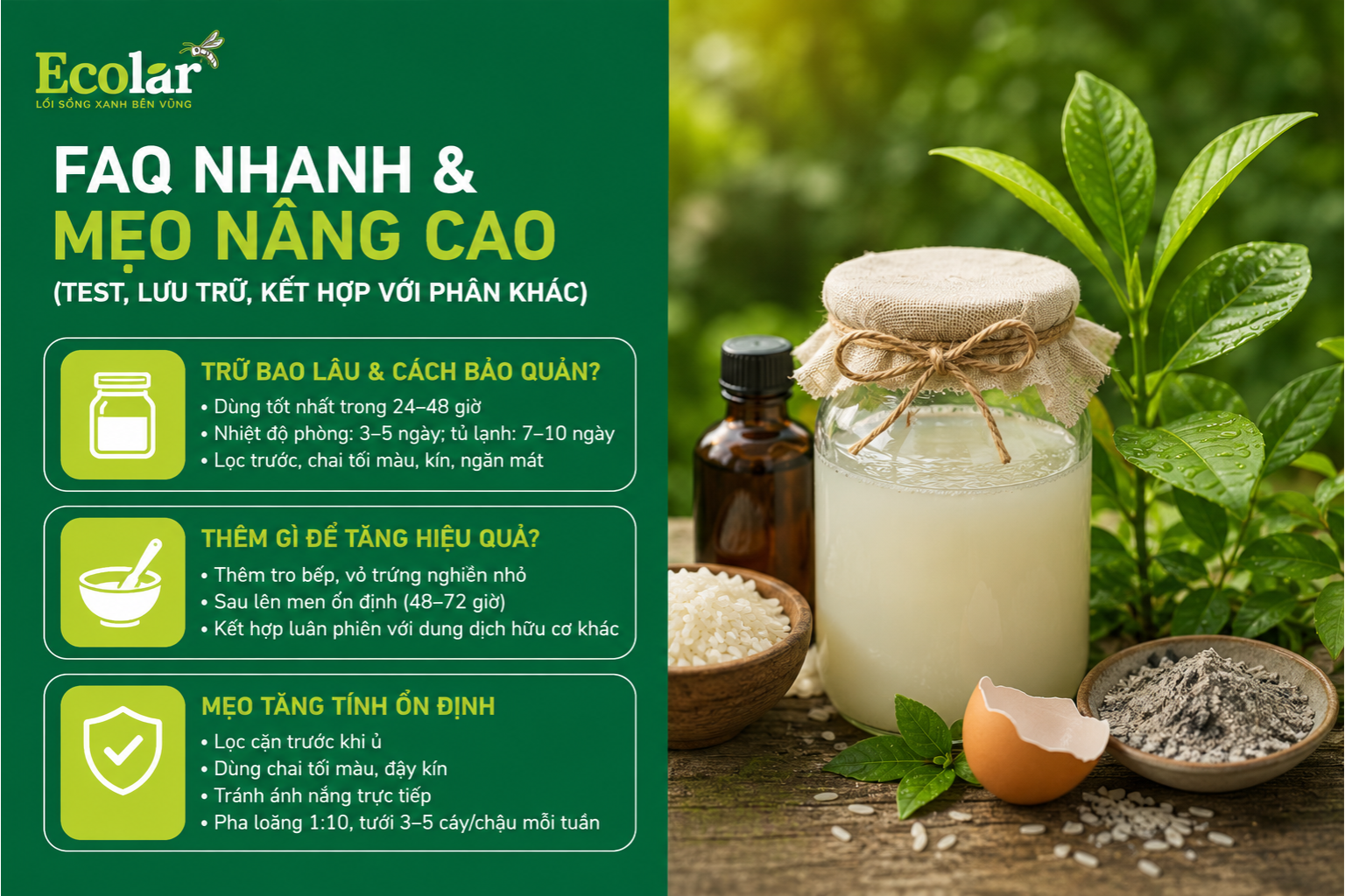 FAQ nhanh & mẹo nâng cao (test, lưu trữ, kết hợp với phân khác)