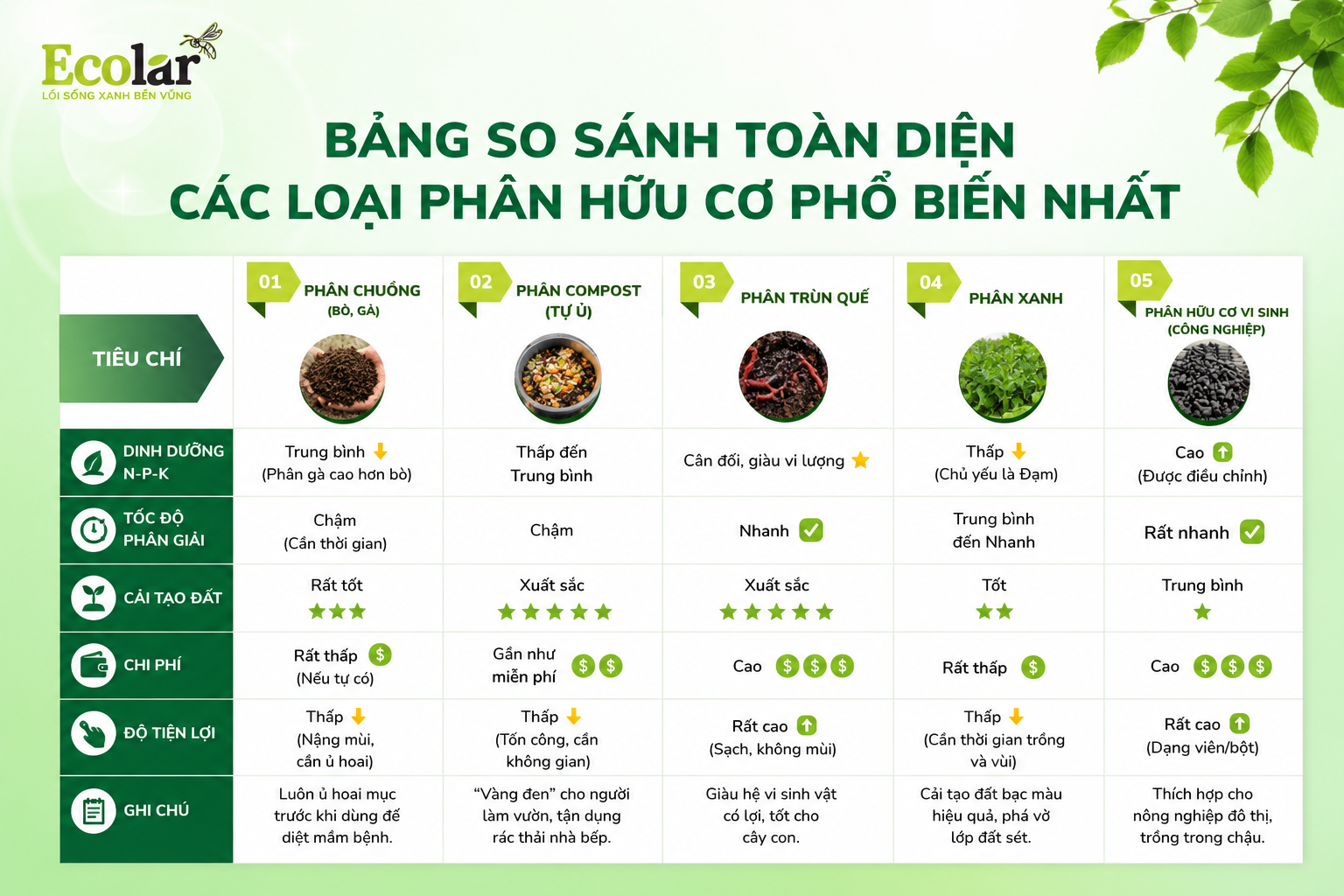 Bảng So Sánh Toàn Diện Các Loại Phân Hữu Cơ Phổ Biến Nhất