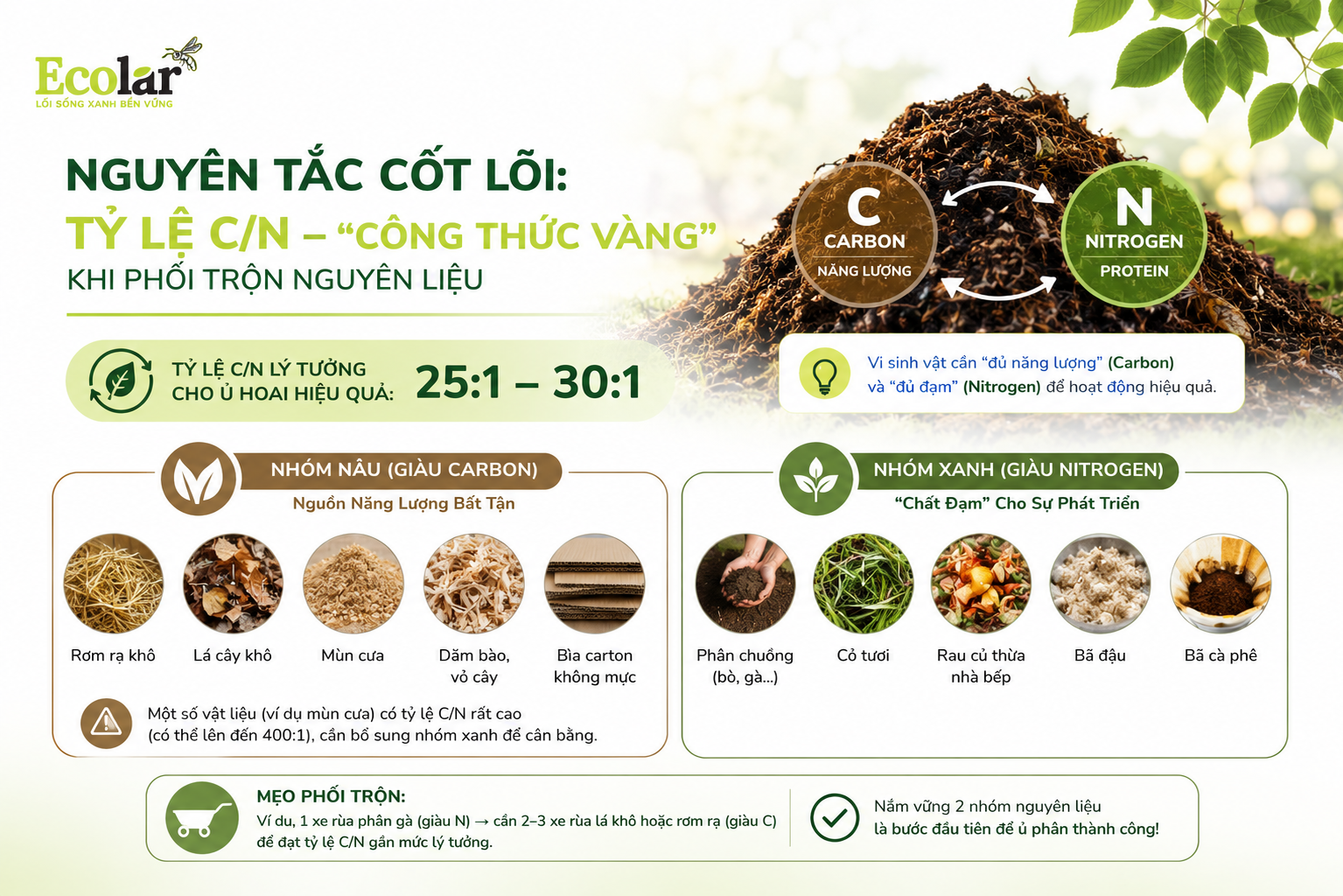 Nguyên Tắc Cốt Lõi: Tỷ Lệ C/N - 'Công Thức Vàng' Khi Phối Trộn Nguyên Liệu