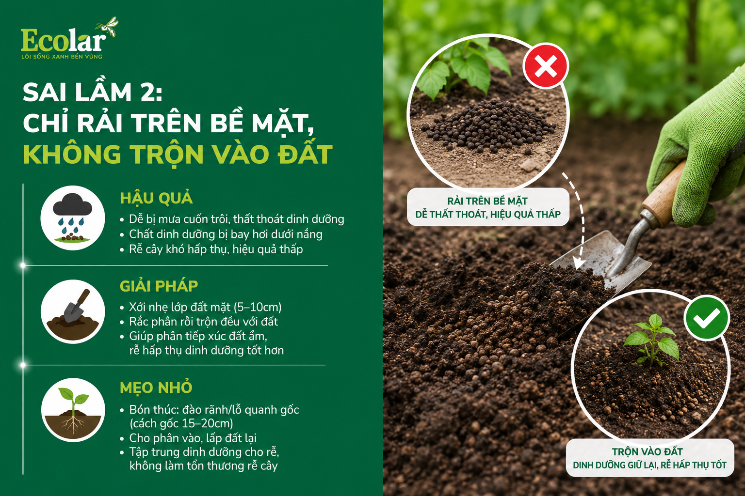 Sai lầm 2: Chỉ Rải Trên Bề Mặt, Không Trộn Vào Đất