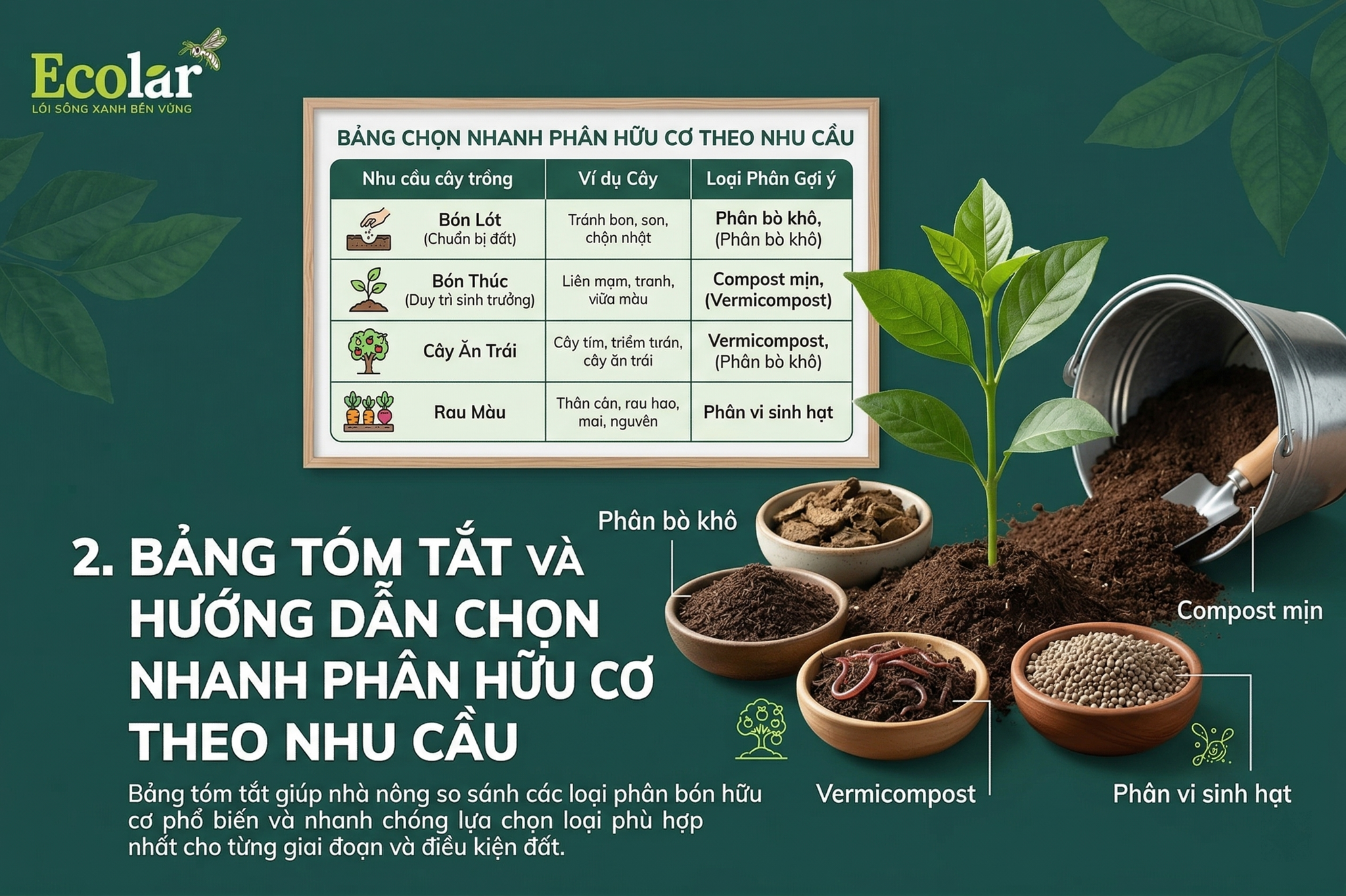 Bảng Tóm Tắt và Hướng Dẫn Chọn Nhanh Phân Hữu Cơ Theo Nhu Cầu