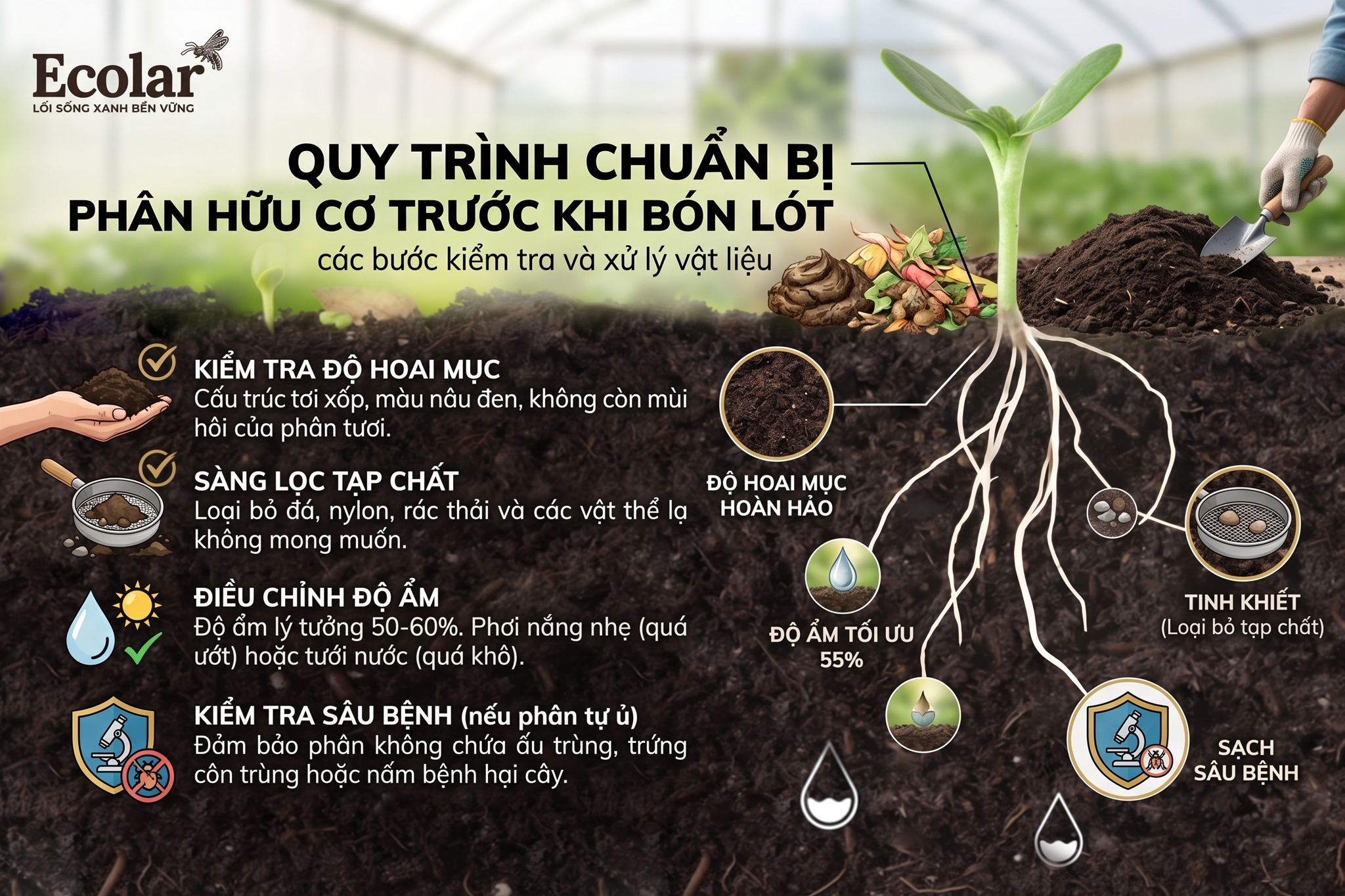 Chuẩn bị phân hữu cơ trước khi bón lót (các bước kiểm tra và xử lý vật liệu)