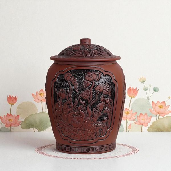Hũ đựng gạo Bát Tràng khắc nổi Tam Hoa Thịnh Vượng