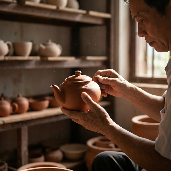 Nghệ nhân kiểm tra tiêu chuẩn chất lượng ấm trà Bát Tràng tại xưởng.