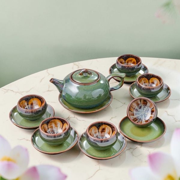 BỘ ẤM TRÀ MEN HOẢ BIẾN QUẢ HỒNG LỤC BẢO CHÉN HOA