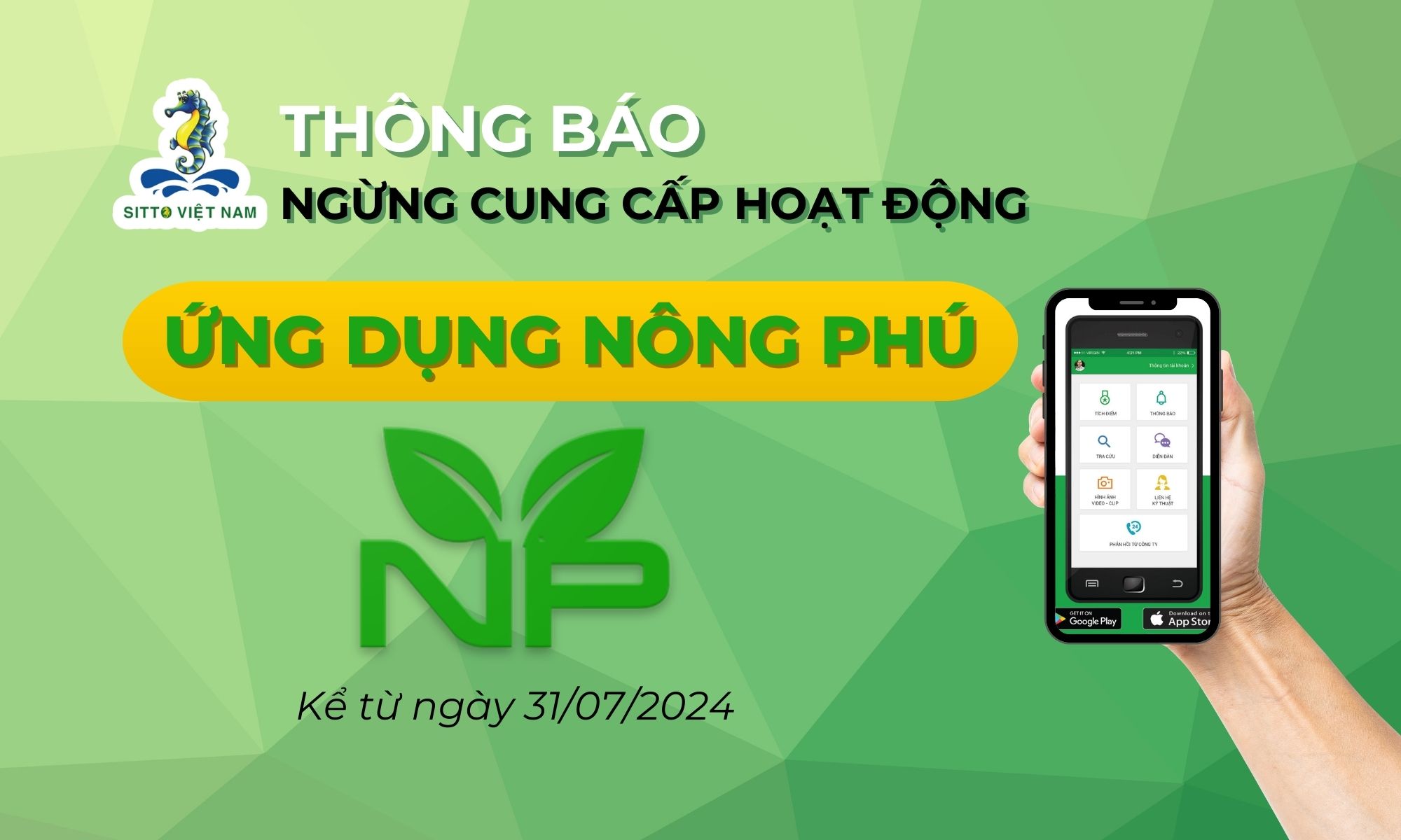 Sitto Việt Nam thông báo ngừng cung cấp hoạt động ứng dụng Nông Phú
