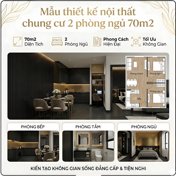 Mẫu thiết kế nội thất chung cư 2 phòng ngủ 70m2