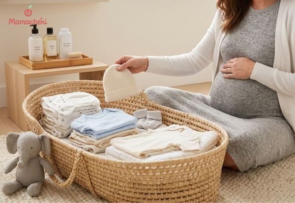 Mẹ đang chuẩn bị những món đồ sơ sinh mới mua để bắt đầu quy trình làm sạch an toàn.