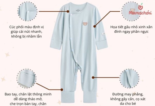 Sleepsuit Mamacheri với thiết kế bao tay, bao chân lật thông minh