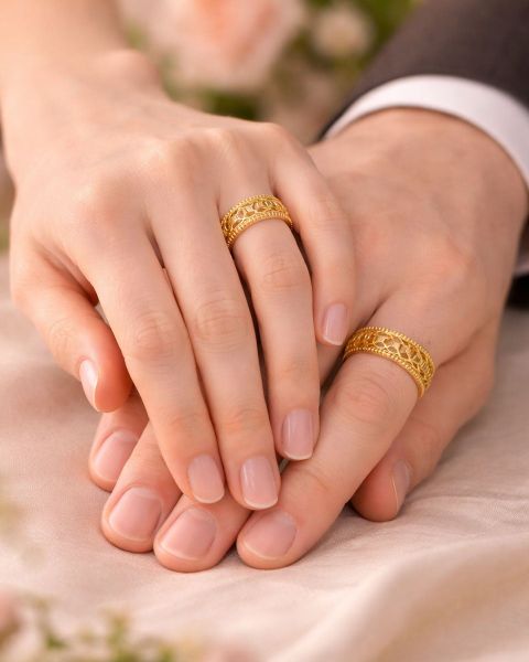 Cận cảnh thiết kế nhẫn kim tiền vàng với hình ảnh đồng xu nối liền mang ý nghĩa phong thủy thịnh vượng